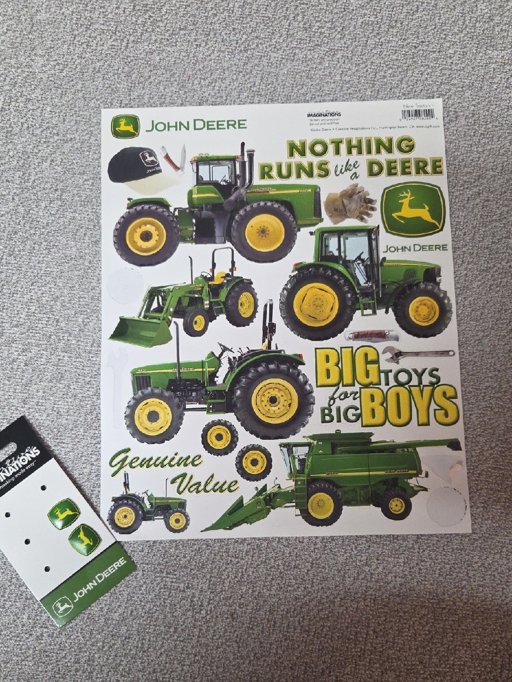 John Deere Green & Yellow Tractor Sticker Sheet & Brads